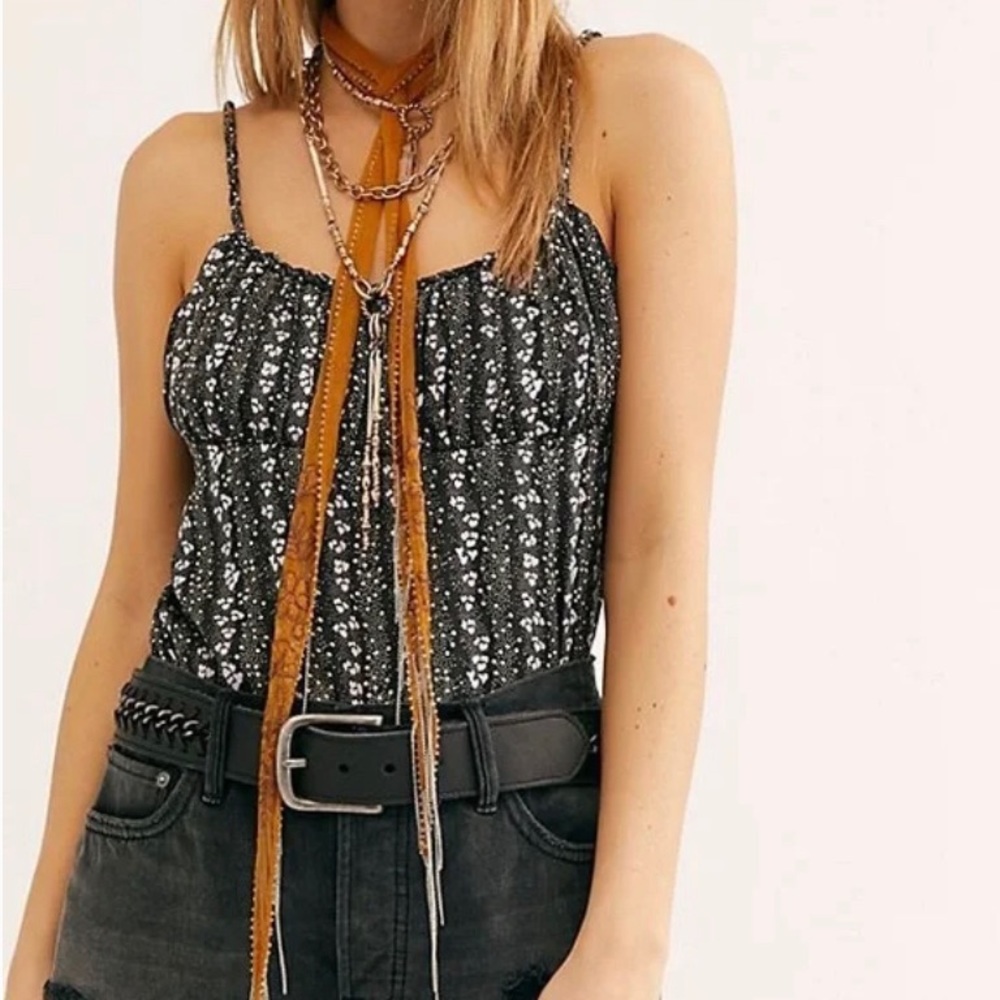Free People Donna Cami Tank Boho Chic Milkmaid Top Black Large